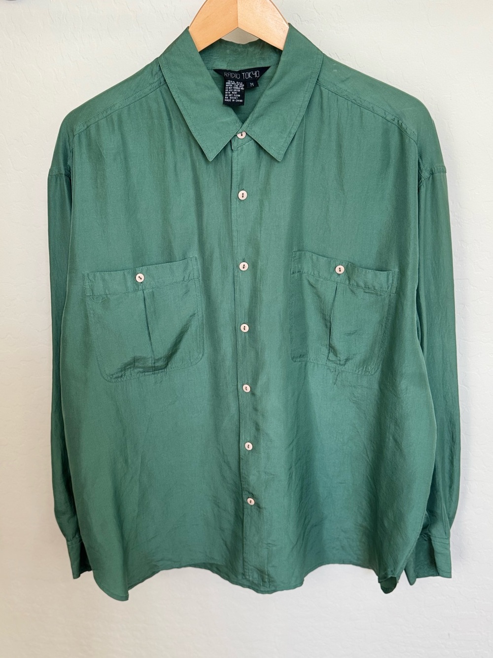 Vintage Rapid Tokyo 100% Silk Button Down Shirt Green Boxy 90s Streetwear Medium